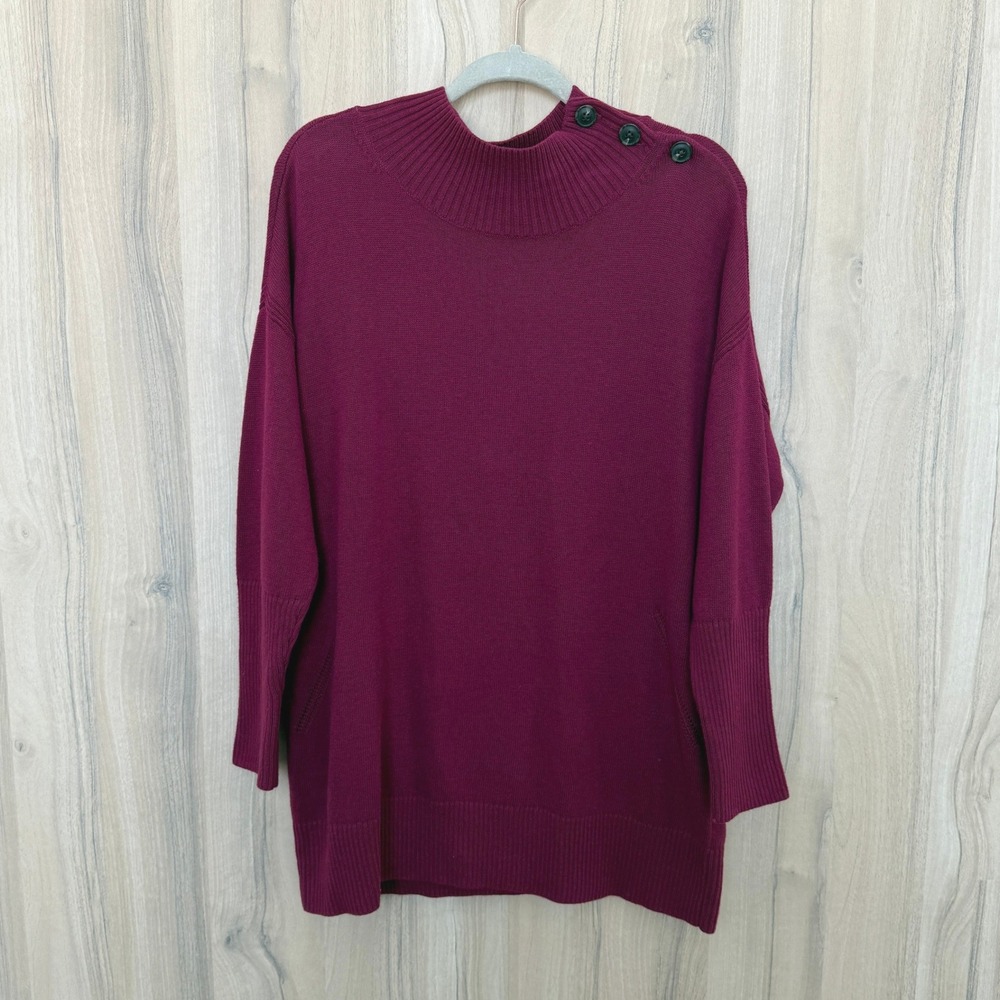 Talbots Sweater Size 1X Burgundy Button Mock Neck Preppy Classic Soft Cozy